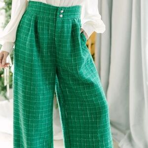 Flying tomato Green Tweed trowser with Pearl Buttons.